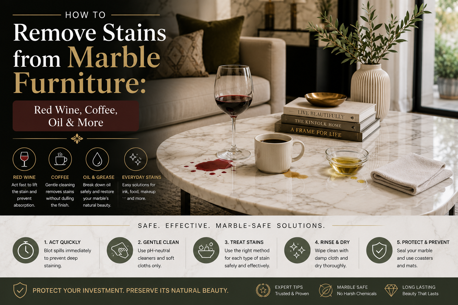 How to Remove Stains from Marble Furniture: Red Wine, Coffee, Oil & More